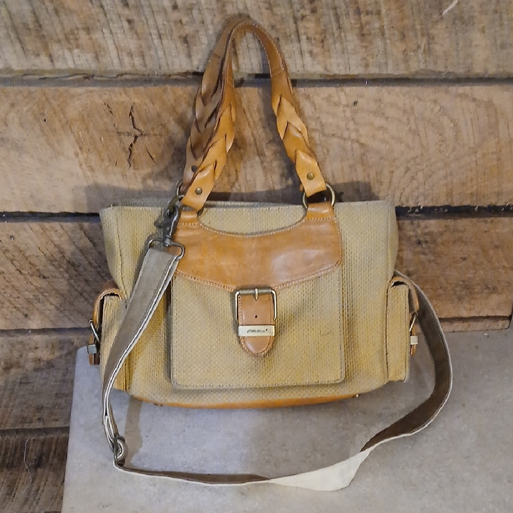 Eddie Bauer Tan Leather and Canvas Satchel With Crossbody Strap